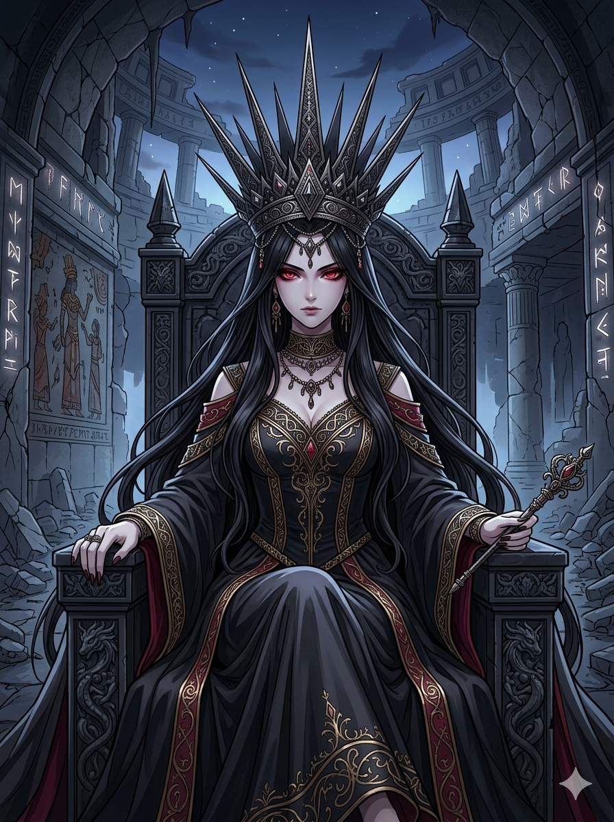 Ancient queen enthroned in a ruined temple, crimson eyes cold as dying stars, spike crown forged from erased history, scepter of forbidden authority resting in her palm.
