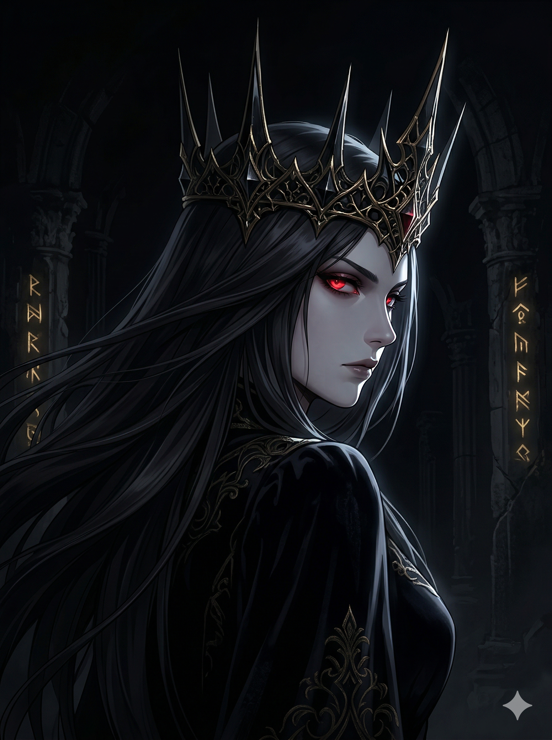 She never looks directly at you. The sovereign gazes into the void she created — thorn crown, black silk hair, eyes that have witnessed 800 years of obedient silence.