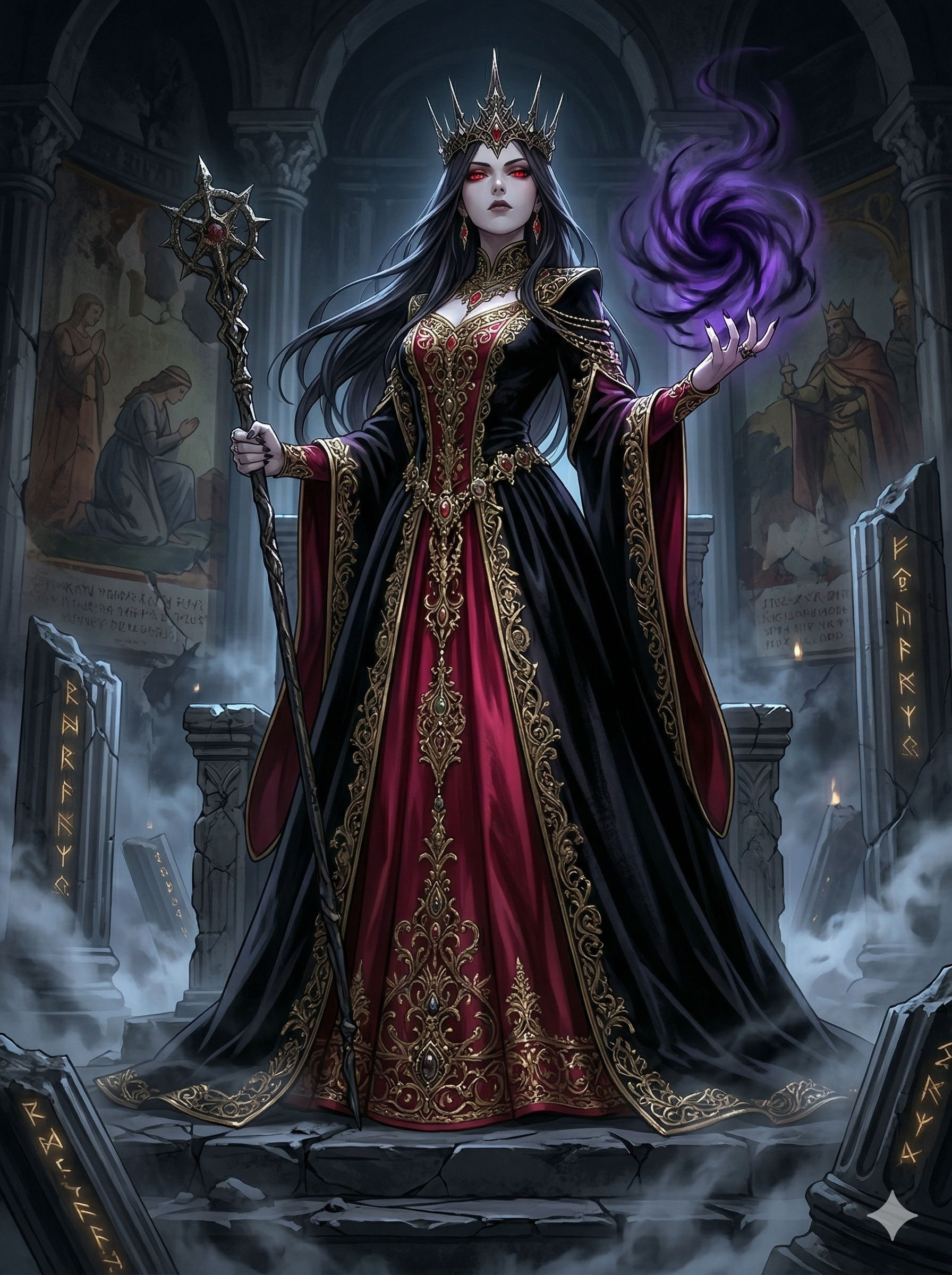 Standing atop the ruins of truth — one hand gripping the scepter of dominion, the other cradling a swirling void. The Mother Flame's mistress, red-eyed and absolute.