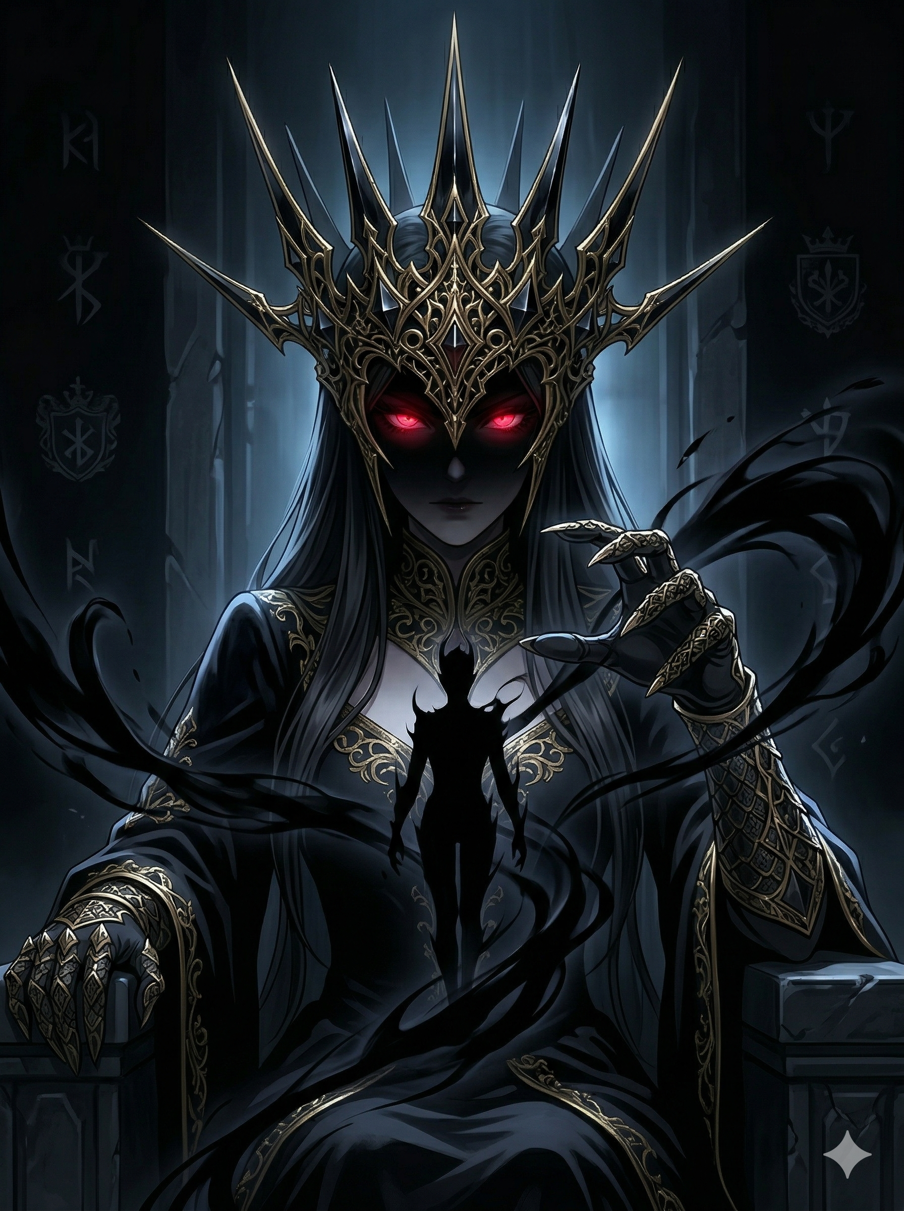 She holds the world in her shadow. A lone figure stands at her chest — not a decoration, but a reminder of scale. Her face remains darkness. Only the eyes are real.