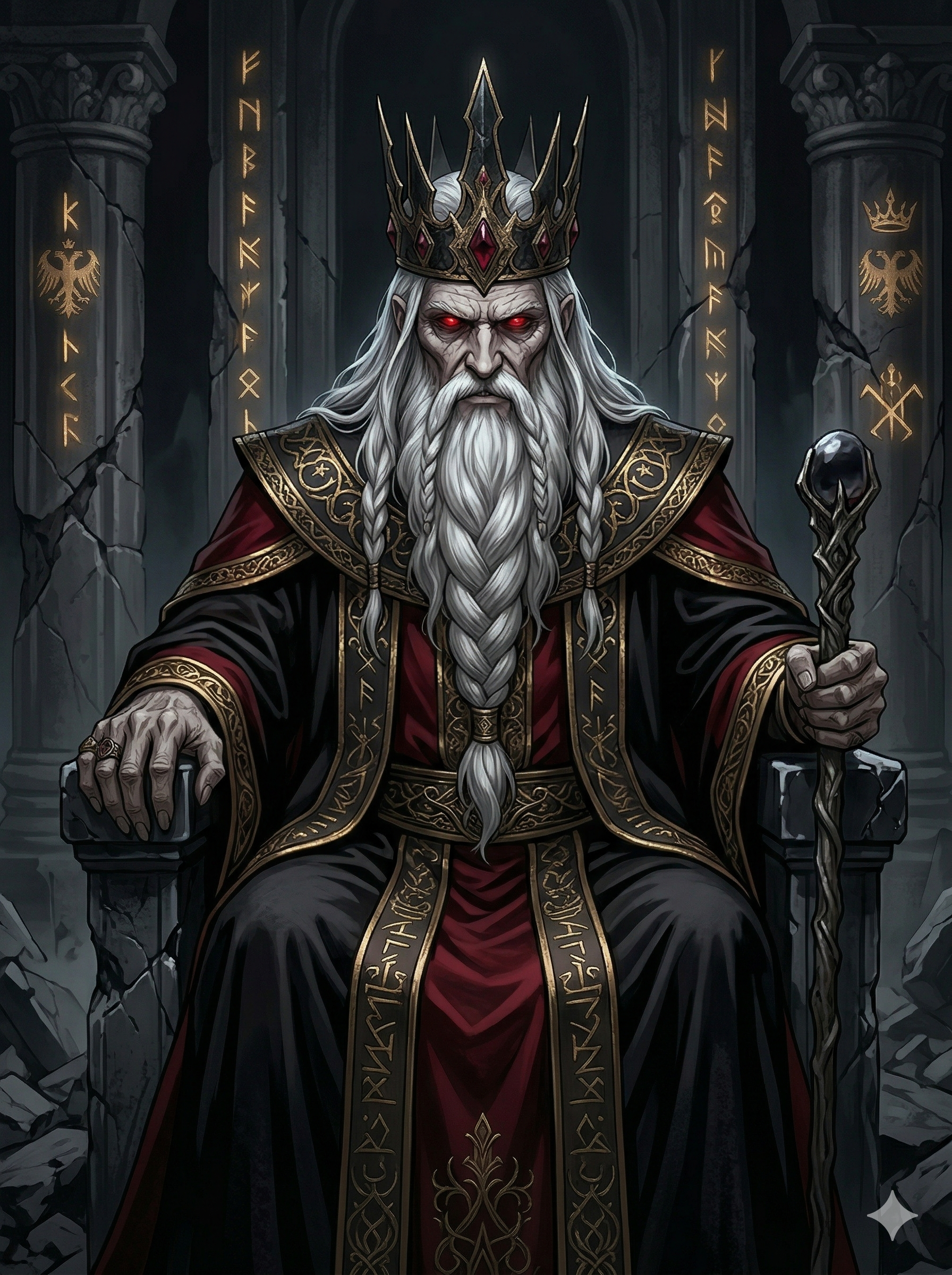 Before the world had a name for evil, there was this face. Ancient, white-bearded, crimson-eyed — the original architect of order, seated on a throne of crumbling history, still holding the orb.